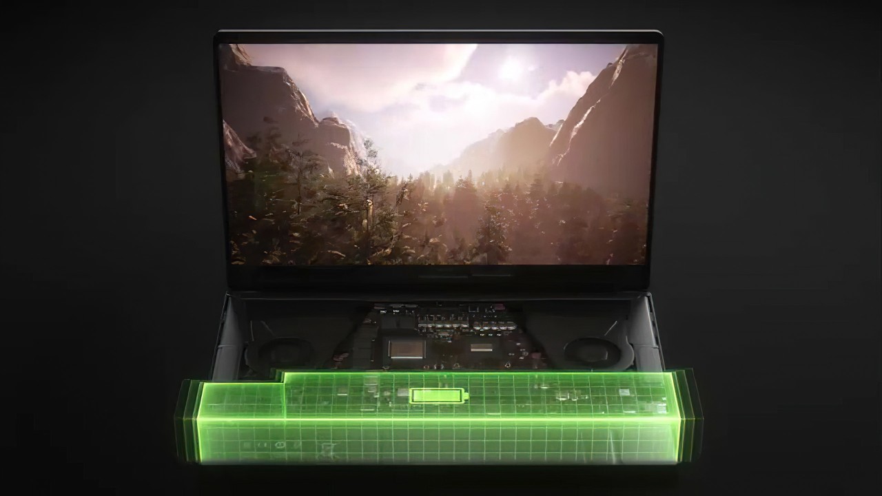 Laptop mit hervorgehobener Akkulaufzeit für längeres Gaming