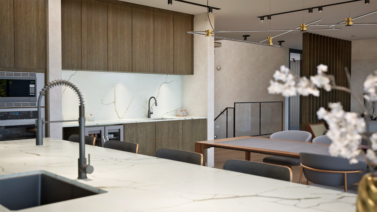 Rendered modern kitchen with marble countertops and wood cabinets.