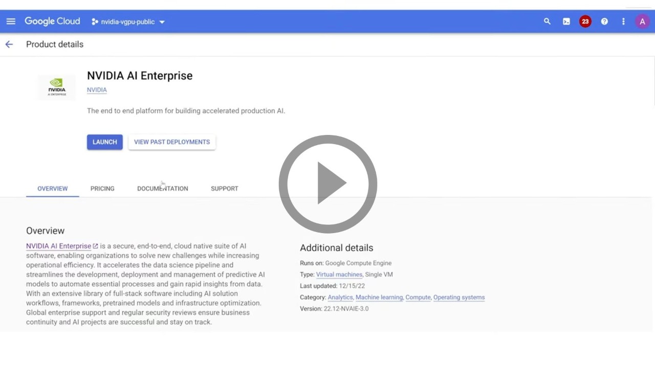 Una imagen de la interfaz de usuario de NVIDIA AI Enterprise en el Marketplace de Google Cloud