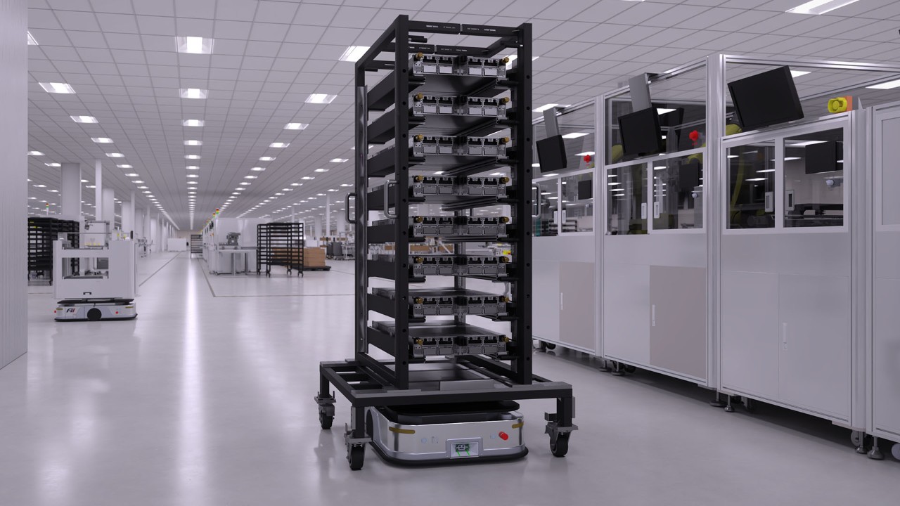 multi-tiered cart carrying trays of items, being moved by a white robotic base