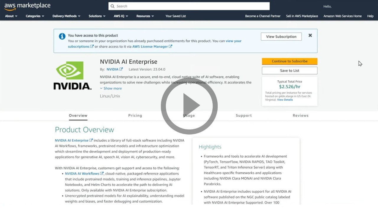 開始在 AWS Marketplace 上使用 NVIDIA AI Enterprise
